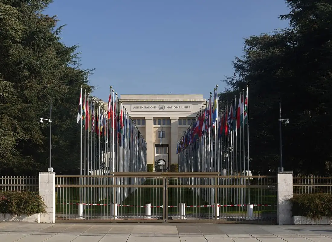 Allée de drapeaux devant une organisation internationale — illustration générale